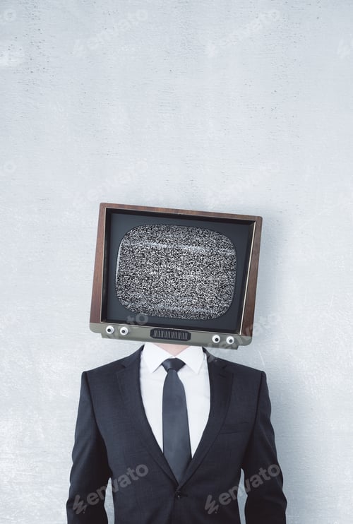 Preview: Tv Headed Man Standing On Concrete Wall Background. Brainwash And Control Concept