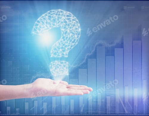 Preview: Hand Holding Abstract Polygonal Question Mark On Bright Background With Financial Chart. Business