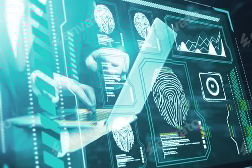 Preview: Close Up Of Hand Using Laptop With Creative Glowing Blue Fingerprint Scanner Interface On Dark