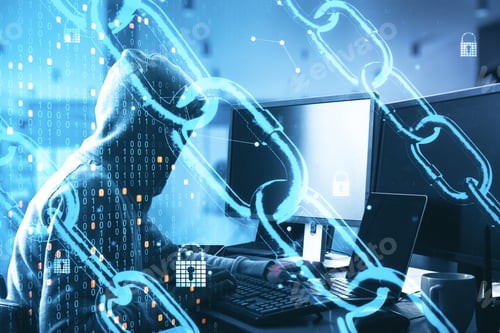 Preview: Cybersecurity And Global Communication Concept With Digital Chain, Binary Code And Locks At Hacker