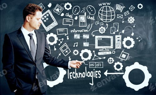 Preview: Businessman Drawing Creative Technologies, Information And Social Media Sketch On Chalkboard