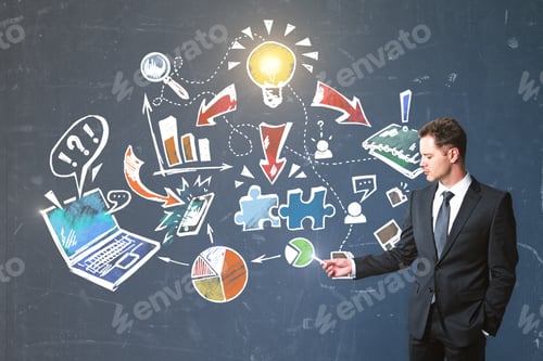 Preview: Handsome European Businessman Drawing Business Sketch On Abstract Background. Finance And Idea
