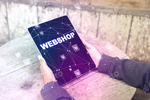 Preview: Close Up Of Man Hands Using Tablet With Creative Webshop Inscription On Screen. Wooden Outdoor