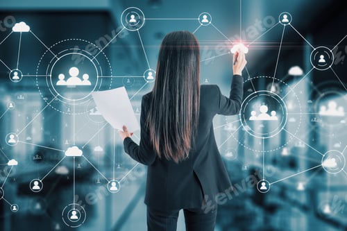 Preview: Businesswoman Drawing Social Network Interface On Virtual Screen. Glowing Human Resource Concept.