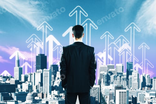 Preview: Back View Of Young Businessman On Creative City Background With Drawn Upward Arrows. Employment