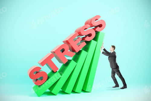 Preview: Young Businessman Fighting Stress On Abstract Light Background With Colorful Books. Stressful