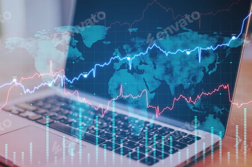 Preview: Close Up Of Notebook On Desktop With Abstract Forex Chart And Map. Fintech, Trade And Data Exchange