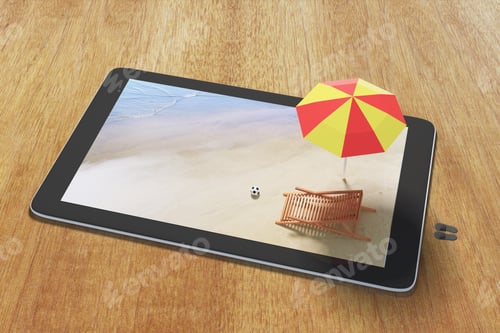 Preview: Online Hotel Booking Concept With Digital Tablet, Sunbed And Umbrella