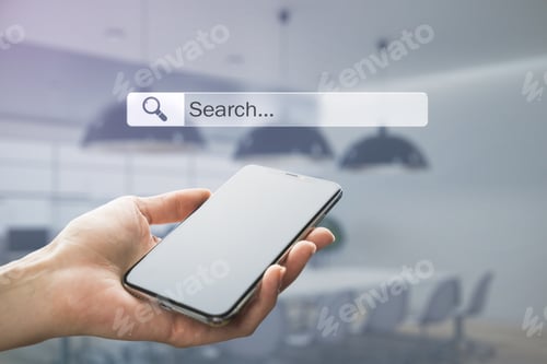 Preview: Mobile Search Data Information Concept With Modern Cell Phone In Hand And Digital Search Page Screen