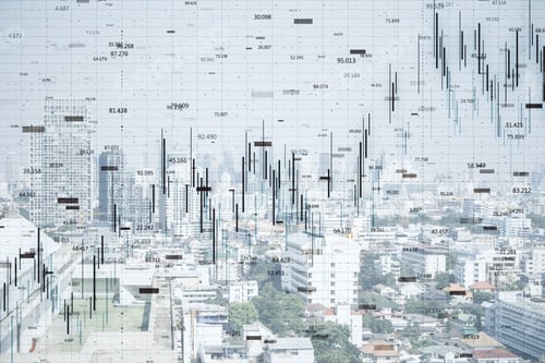 Preview: Finance And Trade Concept. Creative White City Backdrop With Forex Chart. Double Exposure
