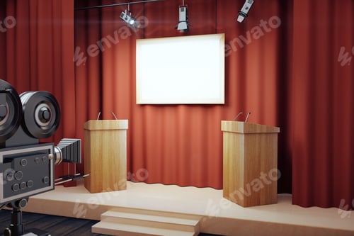 Preview: Blank White Poster In Conference Hall With Tribune And Vintage Camera, Mock Up