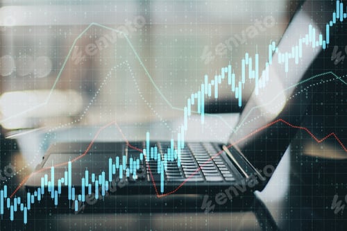 Preview: Close Up Of Laptop On Desktop With Reflections And Abstract Forex Chart Hologram. Analytics And