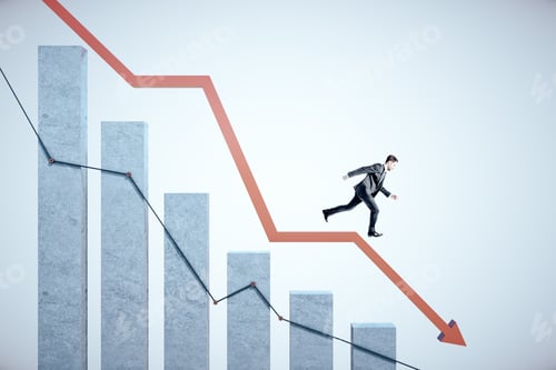 Preview: Businessman Runs Down On Stock Crash Recession Chart With Red Arrow. Business Crisis Concept.