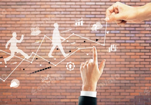 Preview: Hands Pointing At Abstract Sketch On Brick Wall Background. Promotion Concept
