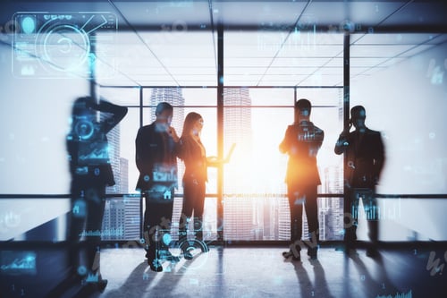 Preview: Backlit Business People Working Tohether In Abstract Creative Blurry Office Interior With Business