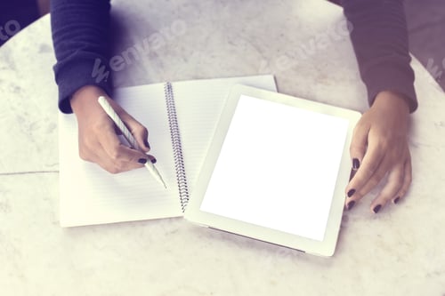 Preview: School Girl With Blank Tablet And Diary, Mock Up