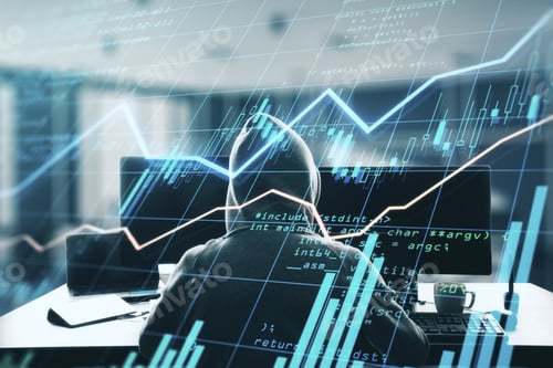 Preview: Investment Security Concept With Hacker Back With Computers And Digital Display With Financial