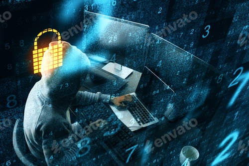 Preview: Cyber Attack In Process With Hacker Using Laptop. Computer And Digital Security Icons In Cells
