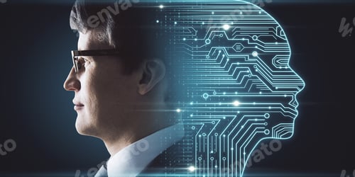 Preview: Side Portrait Of Attractive Young European Businessman With Digital Head Outline, Circuit And