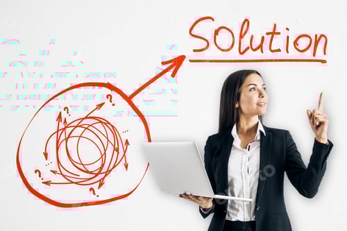 Preview: Solution And Success Concept. Attractive Young Businesswoman With Drawing Arrow Doodle On White