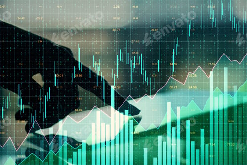 Preview: Close Up Of Hands Using Tablet With Glowing Forex Chart On Blurry Background. Invest And Stats