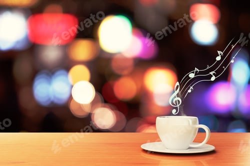 Preview: Cup Of Coffee On A Wooden Table In A Cafe And Musical Notes, Concept