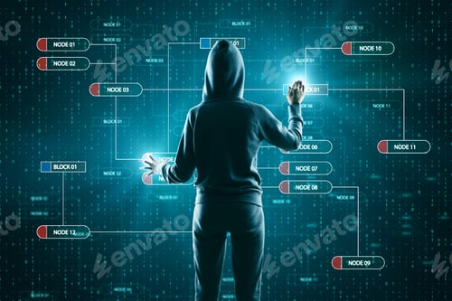 Preview: Hacker Using Creative Glowing Big Data Touchscreen. Malware And Futuristic Concept. Double Exposure