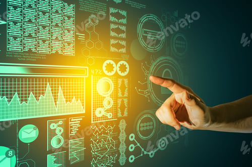 Preview: Businessman Hand Using Abstract Digital Business Interface On Dark Background. Communication, Hud