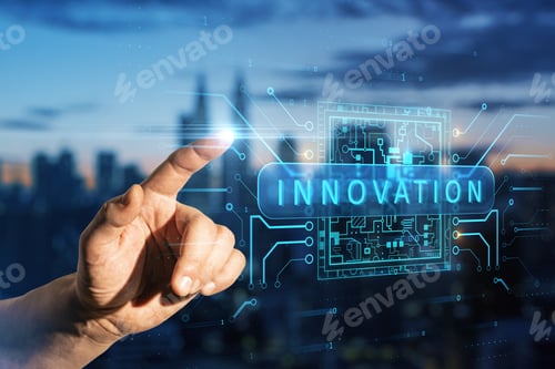 Preview: Close Up Of Man Hand Pointing At Abstract Glowing Innovation Hologram On Blurry Night City