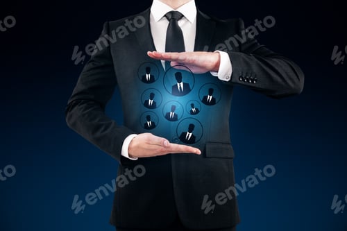Preview: Businessman Holding Glowing Hr Hologram On Dark Blue Background. Employment Concept