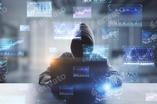 Preview: Hacker At Desktop Using Laptop With Various Forex Screens On Blurry Office Interior Background