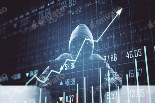 Preview: Hacker Using Laptop With Digital Forex Chart. Trade And Crime Concept. Double Exposure