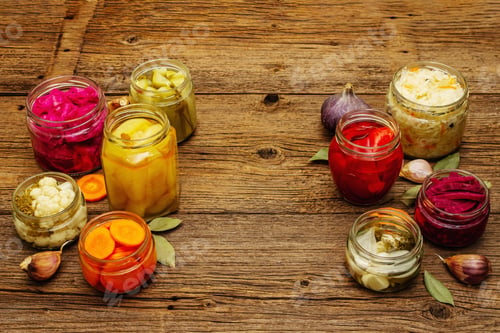 Preview: Assorted Of Fermented Vegetables In Glass Jars. Preserved Season Vegetables Concept, Probiotics