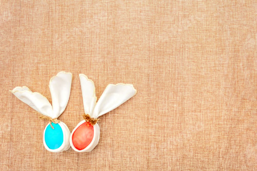 Preview: Easter Bunny (Rabbit) Egg Concept, Table Arrangement Decoration. Pink (Rosy) And Blue Eggs With
