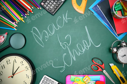 Preview: Back To School. Watch, An Alarm Clock And School Accessories On A School Board.