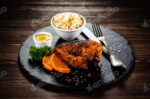 Preview: Stuffed Chicken Breast And Coleslaw On Wooden Table