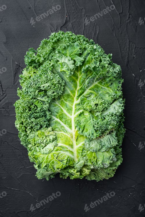 Preview: Green Kale Salad Leaf Set, On Black Background, Top View Flat Lay