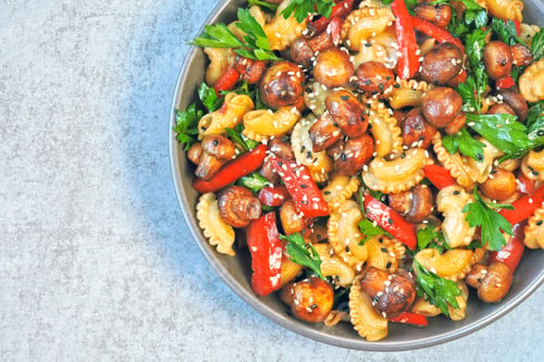Preview: Vegan Bowl With Pasta, Mushrooms And Vegetables. Healthy Food In A Bowl.