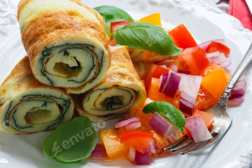 Preview: Traditional Breakfast. Omelette With Spinach And A Fresh Tomato Salad, Red Onion And Basil. Roll