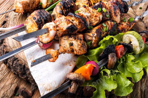 Preview: Barbecue Skewers With Juicy Meat.Marinated Shashlik Preparing On Barbecue Grill
