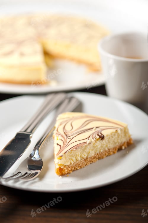Preview: Fresh Baked Classic Cheese Cake With Chocolate Topping And Espresso Coffee