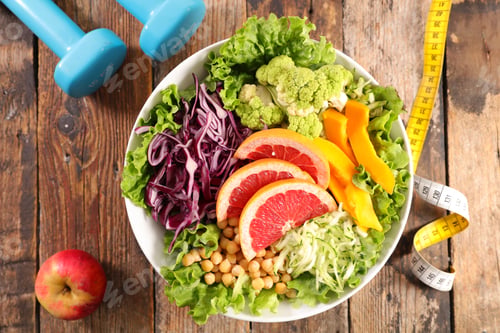 Preview: Diet Food Concept With Vegetable Salad, Dumbbell And Meter Tape