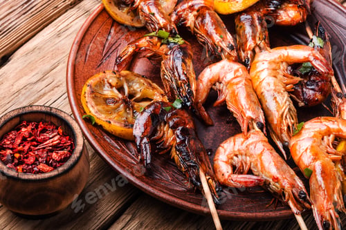 Preview: Roasted Prawns On Plate.Grilled Seafood.Roasted Shrimps.Tiger Shrimp