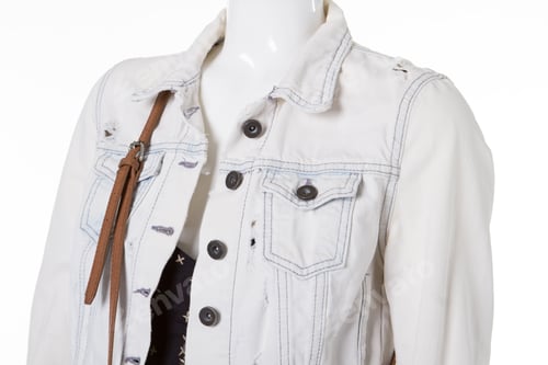 Preview: Fashionable Denim Jacket On A White Mannequin. Stylish Ragged White Denim Jacket.