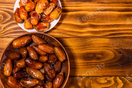 Preview: Date Fruits On Rustic Wooden Table. Top View