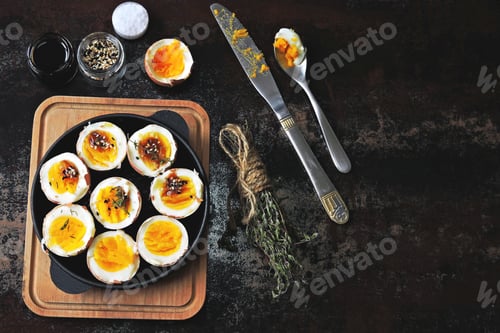 Preview: Soft-Boiled Eggs Halves In A Cast-Iron Skillet. Flat Lay.