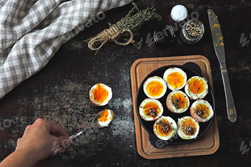 Preview: Soft Boiled Eggs In A Cast Iron Skillet. Colorful, Healthy Foods. Flat Lay.