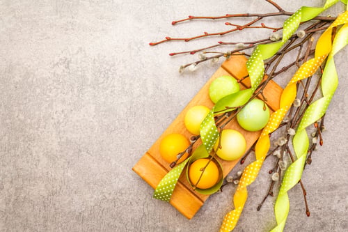 Preview: Easter Eggs, Willow Seals Branches, Polka Dot Satin Ribbons. Concept On A Wooden Stand On A Stone