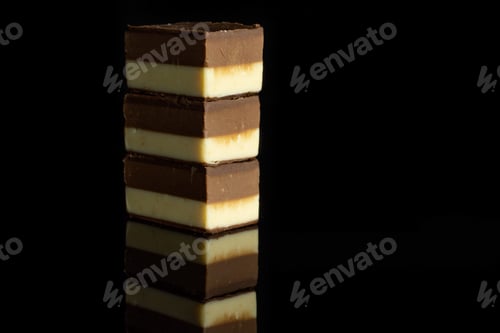 Preview: Group Of Three Whole Mellow Two Coloured Nougat Piece One On Top Of Another Isolated On Black Glass