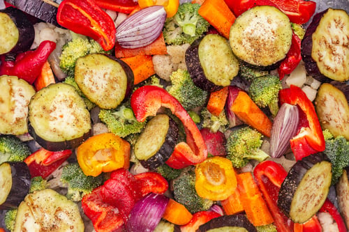 Preview: Assorted Fresh Vegetables On A Baking Sheet. Healthy Food Lifestyle. Salt, Oil, Spices, Top View